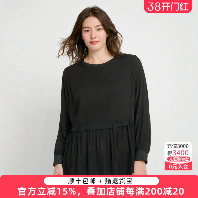 胖太太大码女装春装新品黑色拼接圆领长袖复古衬衫上衣422104910