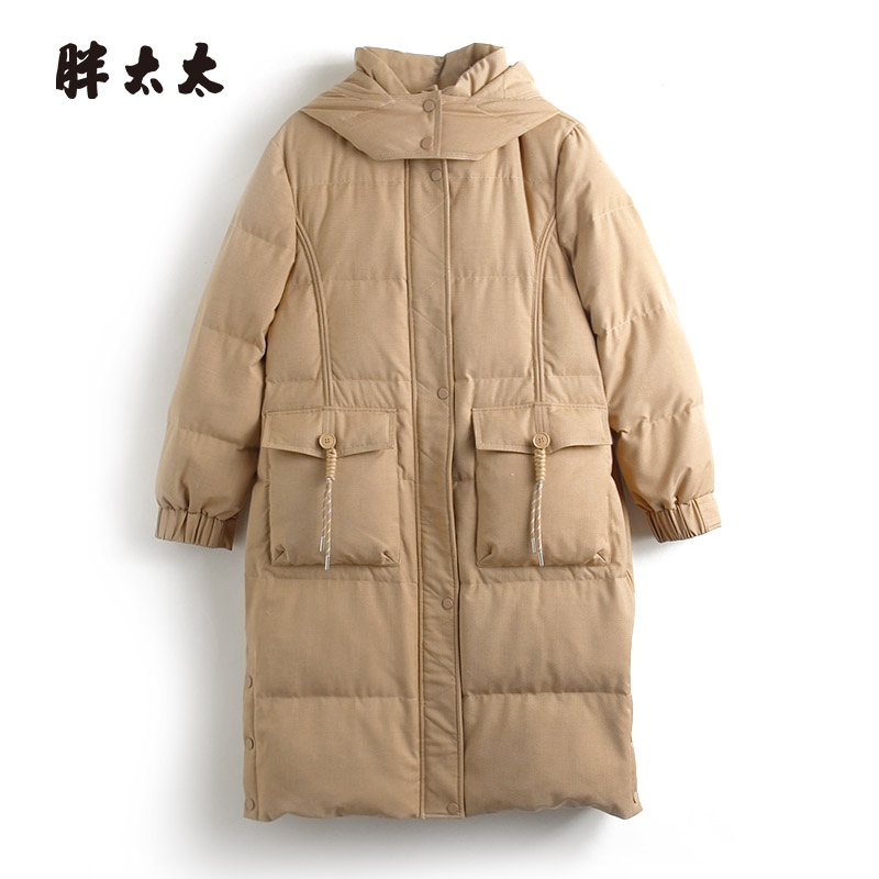 胖太太羽绒服连帽宽松保暖中长款