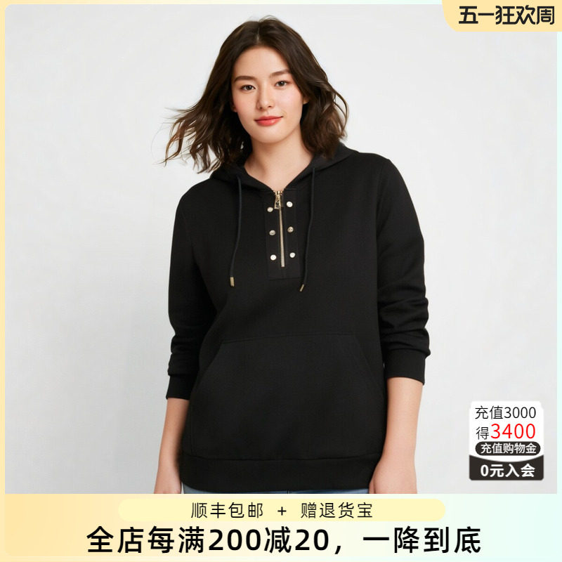 胖太太大码女装秋冬新款连帽纯色拉链装饰休闲宽松卫衣823303110
