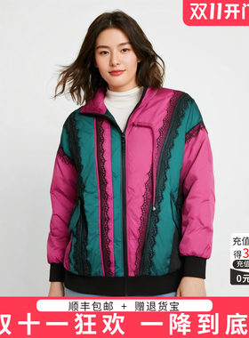 胖太太羽绒服连帽撞色宽松