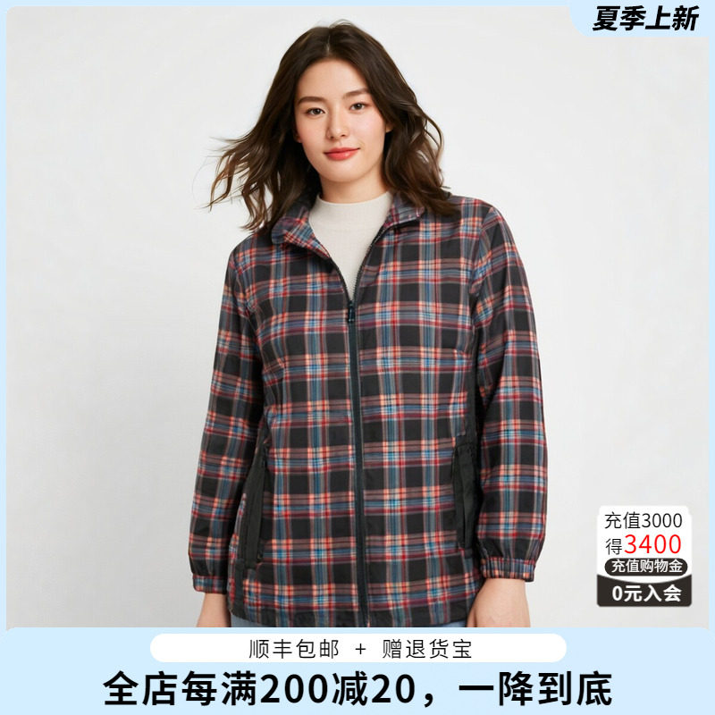 胖太太连帽宽松休闲格纹图案外套