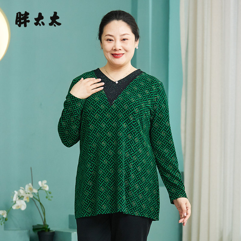 胖太太大码女装春装新款衬衫V领宽松碎花显瘦妈妈上衣潮823111110