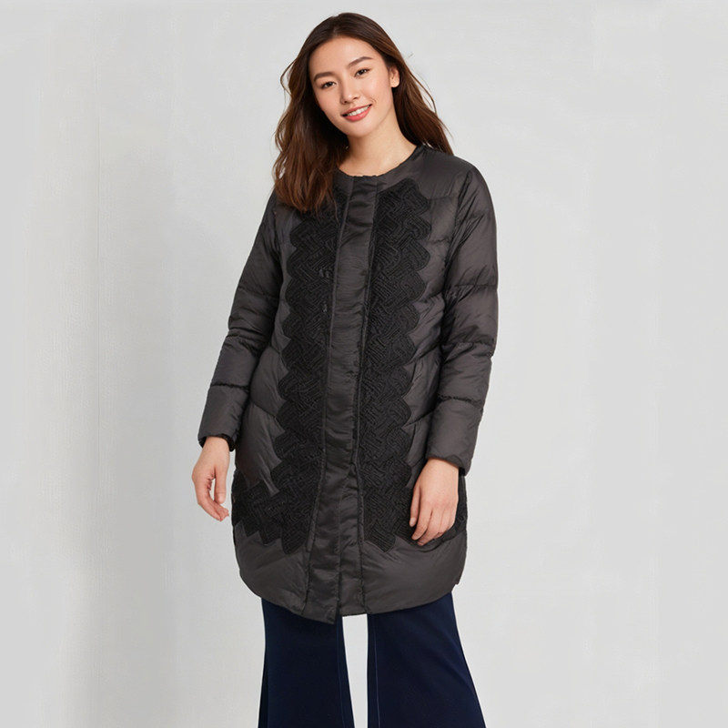 胖太太大码女装冬装新款时尚蕾丝轻薄中长款羽绒服保暖520406010