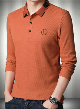 2025秋季新款宽松版长袖T恤男士华夫格橙色喜庆外套春秋薄款上衣