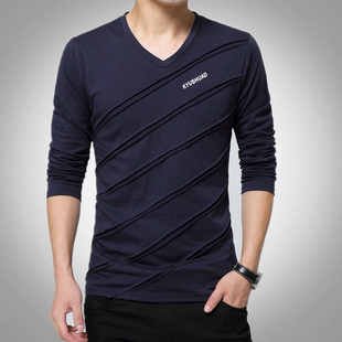 青年薄款 宽松5XL加大码 简约T血 t恤V领男性感莱卡棉上衣打底衫 长袖