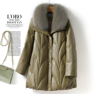 真皮羽绒服女中长款狐狸毛领韩版加厚皮外套冬季90白鸭绒绵羊皮衣