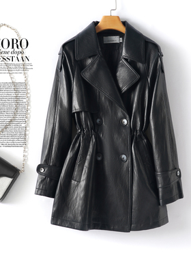 海宁真皮衣女中长黑色收腰英伦风衣2025秋冬新款高级感绵羊皮外套