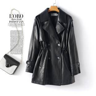 海宁真皮衣女中长黑色收腰英伦风衣2025秋冬新款高级感绵羊皮外套