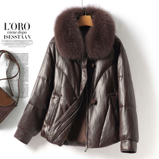 海宁绵羊皮衣女士短款狐狸毛领外套90白鸭绒皮夹克冬新款真皮羽绒