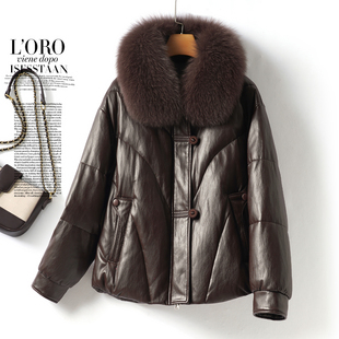 海宁皮羽绒服短款女士狐狸毛领真皮夹克90白鸭绒外套冬季绵羊皮衣