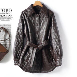 冬季 绵羊皮衣女中长款 外套新款 时尚 加棉轻奢真皮夹克 翻领系带韩版