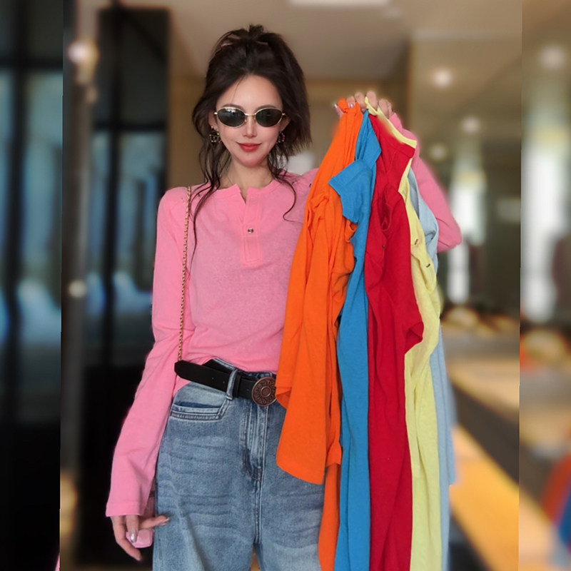 春装新款韩版圆领糖果色T恤女士长袖打底衫显瘦百搭休闲纯色上衣