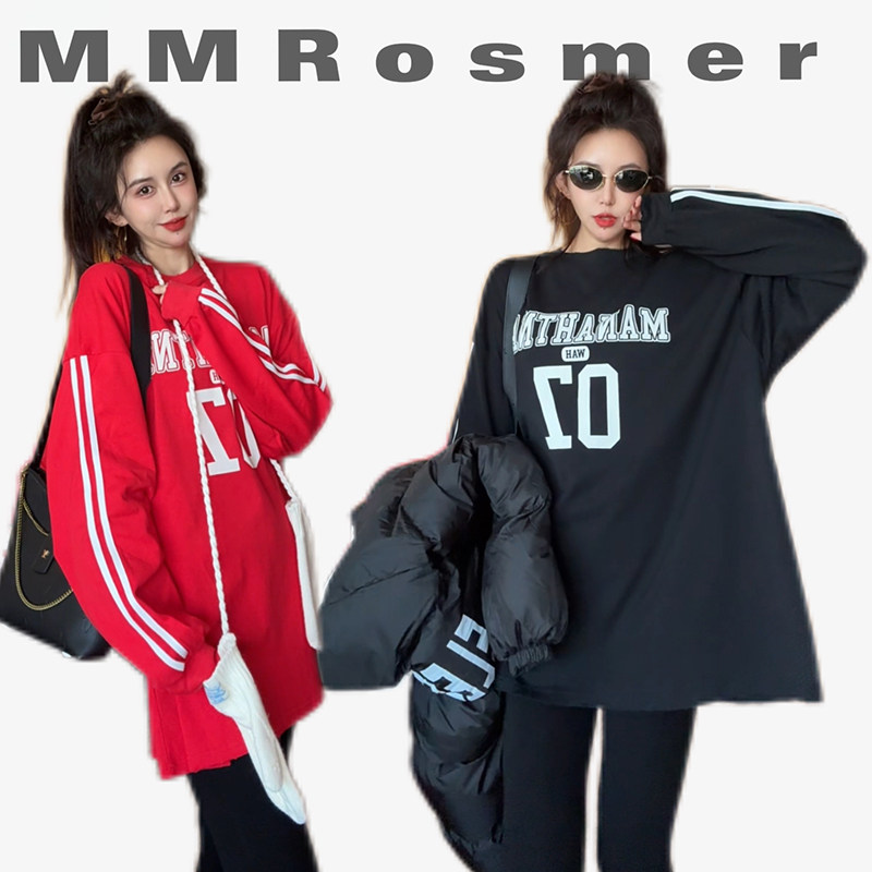 冬季新款韩版圆领长袖字母T恤女士宽松休闲中长款上衣套头打底衫