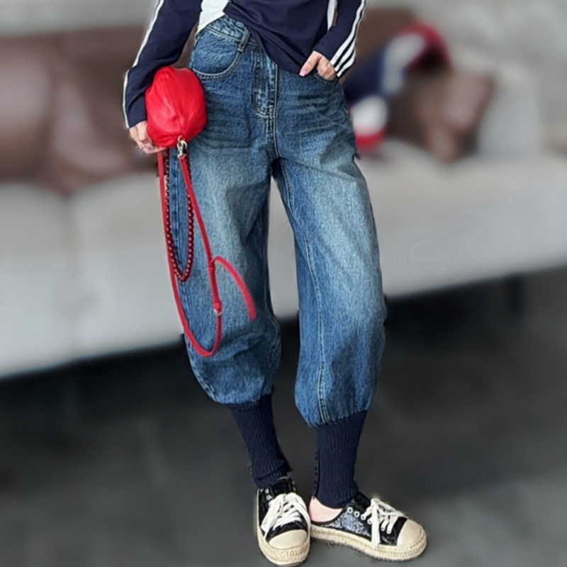 秋冬新款时尚高腰束脚牛仔裤女士休闲复古宽松显瘦百搭萝卜裤长裤