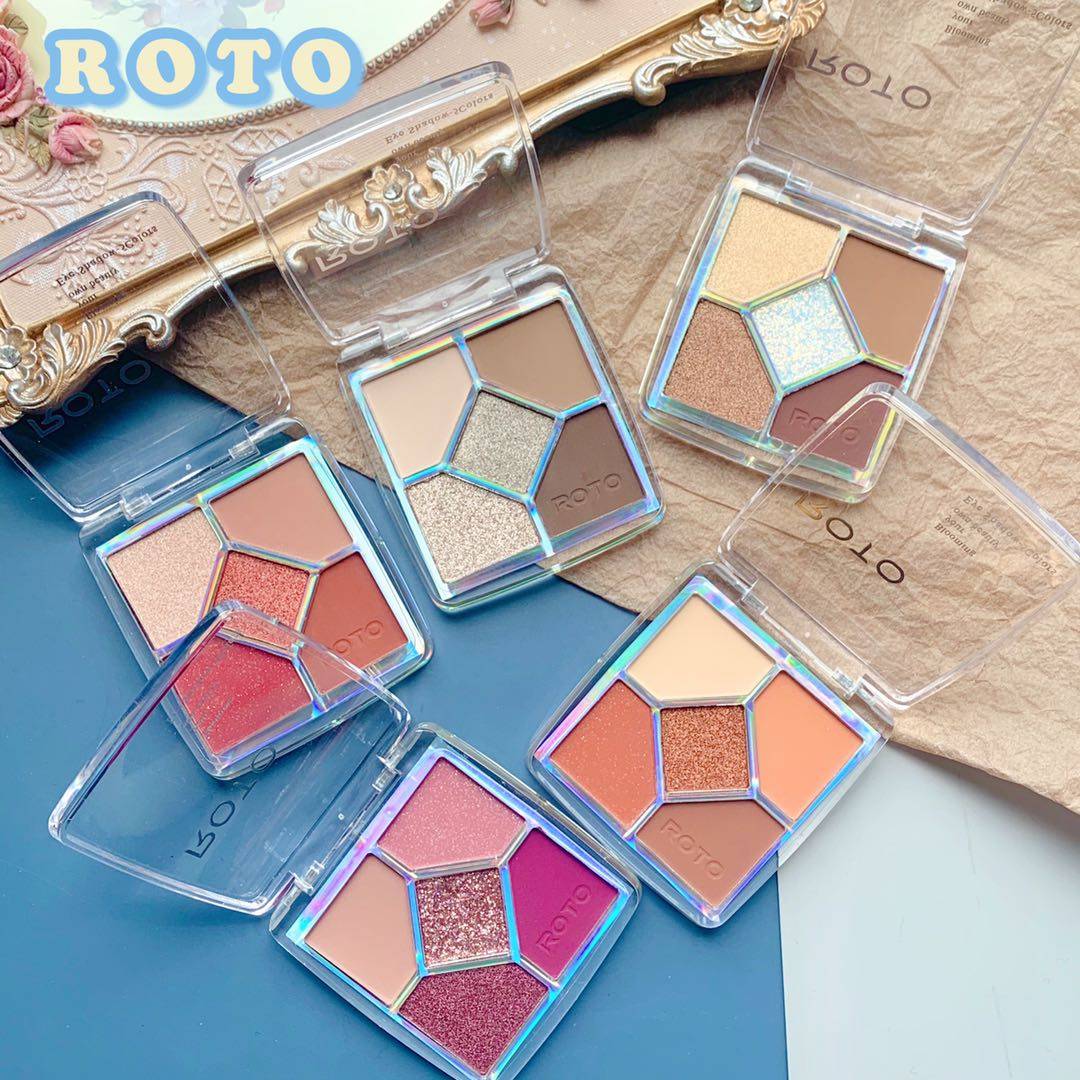 roto迷你五色眼影盘5色亮片紫闪粉珠光哑光大地色小巧便携水泥盘