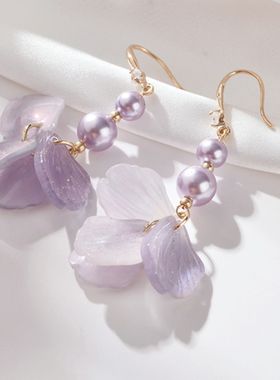 法式紫色花朵流苏珍珠耳钩甜美气质耳环女轻奢百搭小众高级感耳饰