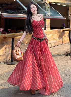 御姐独特绝美红色格子吊带连衣裙夏日海边度假风收腰修身网纱长裙