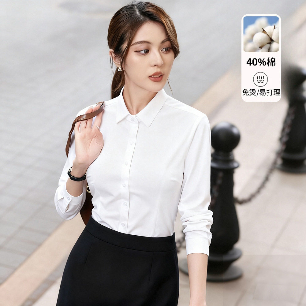 无口袋女士衬衫长短袖白色方领休衬衫
