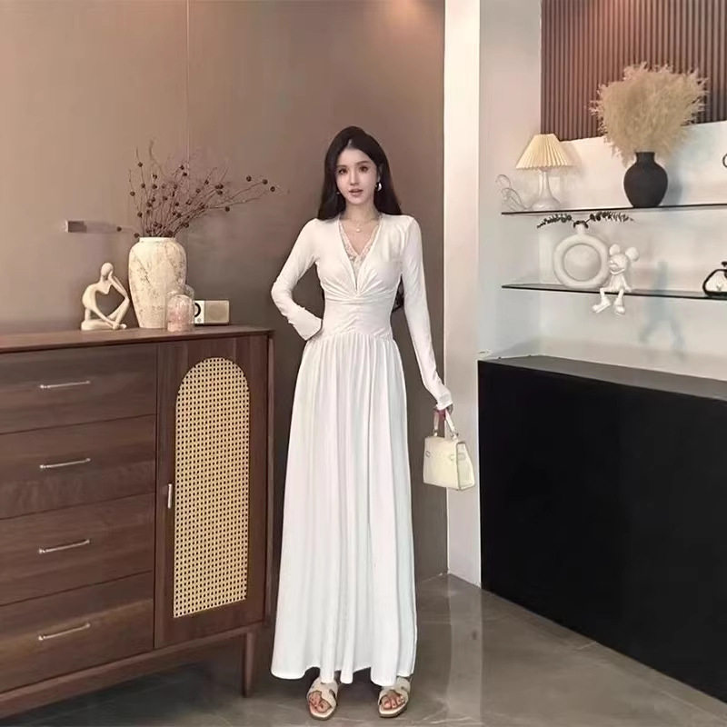 紫色蕾丝拼接深v领长袖连衣裙女连衣裙