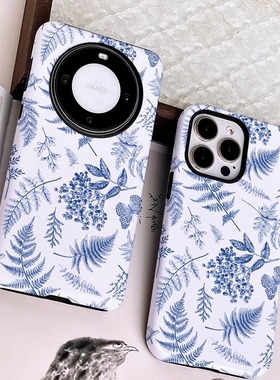 巷午 复古蓝色叶子苹果15小米14u红米k70华为mate60荣耀100文艺vivos18二合一菲林手机壳opporeno11三星s24p