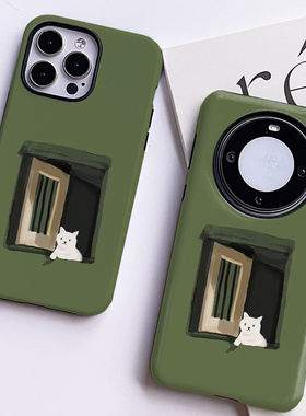 巷午 可爱绿色猫咪苹果15pm华为mate60pura70nova11荣耀90p/vivox100s菲林手机壳opporeno12p三星s24u红米k50