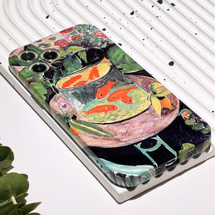 巷午 文艺马蒂斯金鱼插画适用于苹果14/13promax/11/se2/iphone8p/12mini/xsmax/7plus/XR菲林亮面软壳手机壳