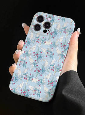 巷午 蓝色碎花兔子适用于苹果15小米civi3/vivoy78OPPOfindx6一加ace2华为mate60荣耀x50i全包亮面手机壳三星