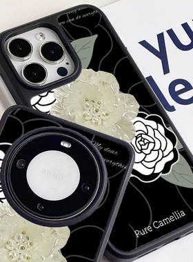 巷午 黑色复古花朵苹果16华为m60pura70u苹果16/11三星s24u/23m55a25晶瓷手机壳小米14pro防摔iPhone15/14/13