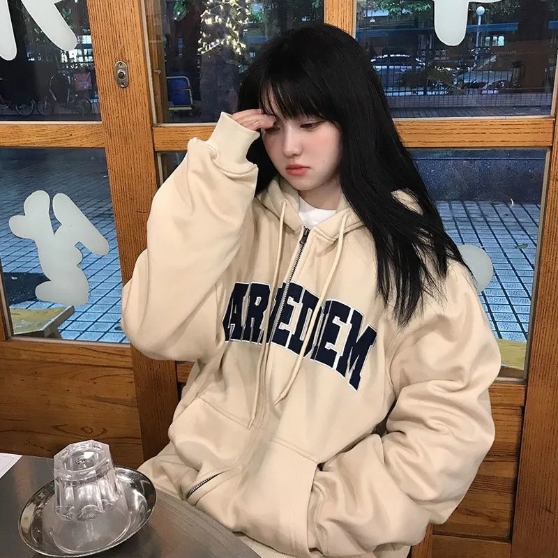 薄款中长款慵懒风小众拉链卫衣女