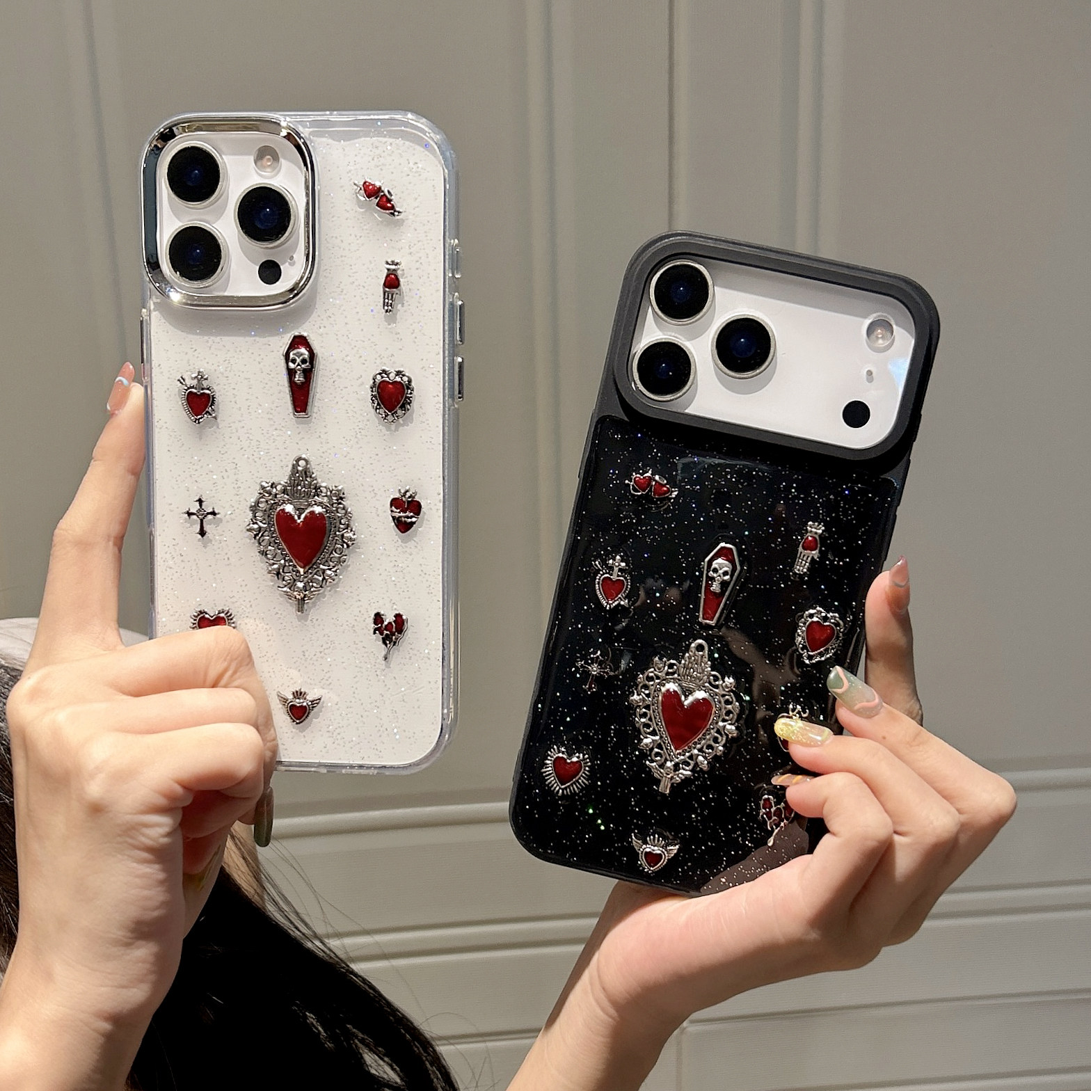 适用苹果12手机壳iphone13苹果13i暗黑系列圣诞万圣节立体骷髅爱心17/15/16/14ip13promax苹果xs玻璃壳11