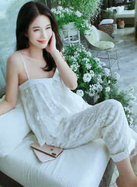 真丝绣花休闲性感吊带睡衣套装