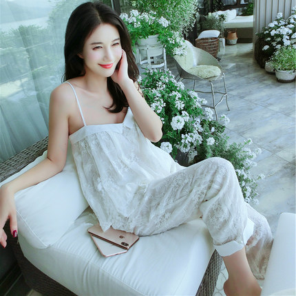 刘美人刘钰懿白色真丝绣花吊带睡衣两件套装女甜美性感家居服夏季