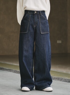 日系复古高腰阔腿牛仔裤小个子冬厚款深蓝色宽松直筒大口袋长裤子