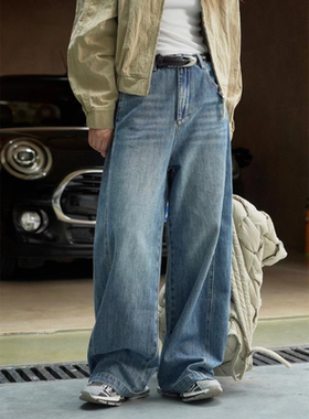 基础款宽松软牛仔裤小个子新款美式复古时髦直筒拖地阔腿长裤子女
