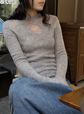 韩系时髦设计感圆领破洞修身羊毛针织衫显瘦镂空长袖套头毛衣上衣