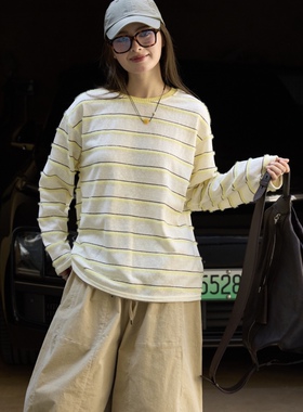 秋冬新品柠檬黄绒毛条纹上衣女设计感长袖T慵懒风闲显瘦针织打底