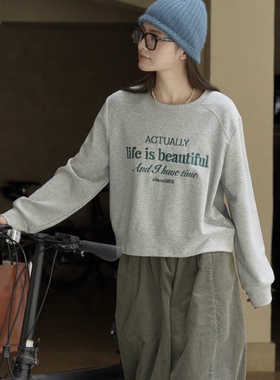 韩系减龄浅灰休闲圆领T恤立体刺绣短款卫衣藏肉显高显瘦慵懒上衣