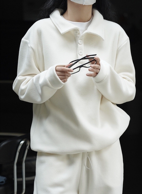 韩系休闲摇粒绒翻领卫衣女秋冬新款宽松加厚保暖半开领慵懒风上衣