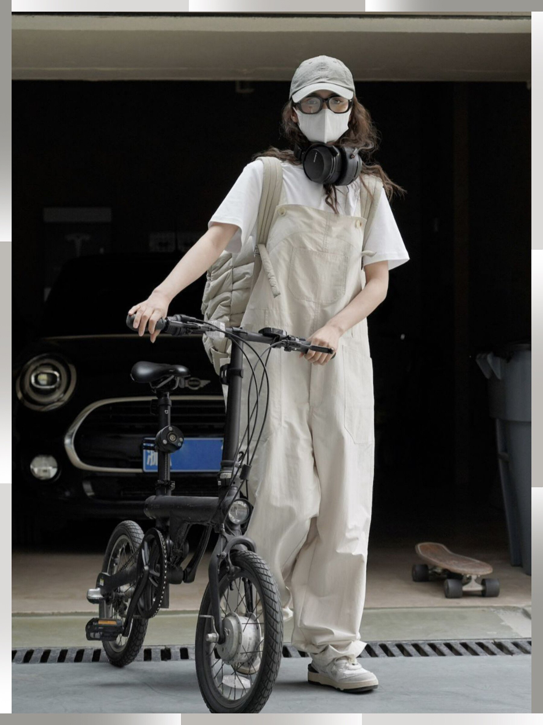 日系可调节工装背带裤女宽松休闲高腰可拆卸杏色小个子显高连体裤
