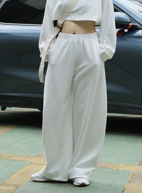 韩版休闲运动裤宽松遮肉白色垂感高腰抽绳美式松紧腰阔腿裤潮卫裤
