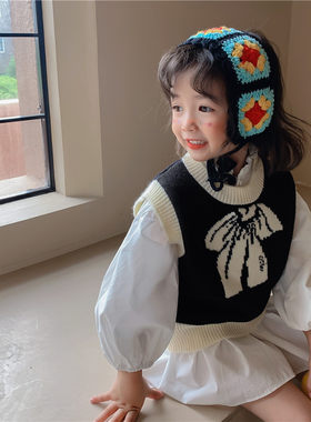 儿童针织发带帽女童手工编织系带秋冬季护耳头带宝宝毛线发箍发饰