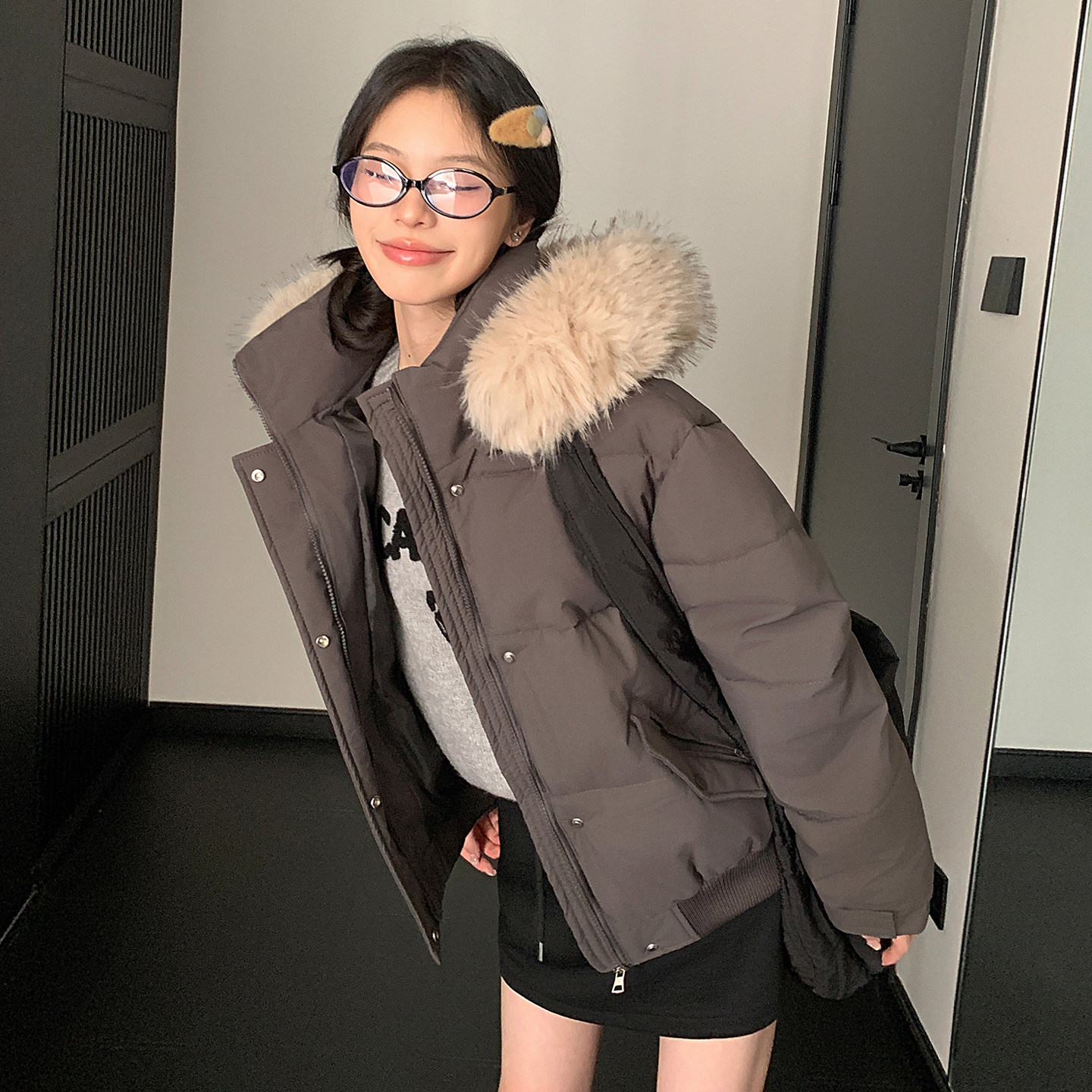 羽绒棉服女2026新款冬季短款小个子工装大毛领巨好看加厚棉袄外套