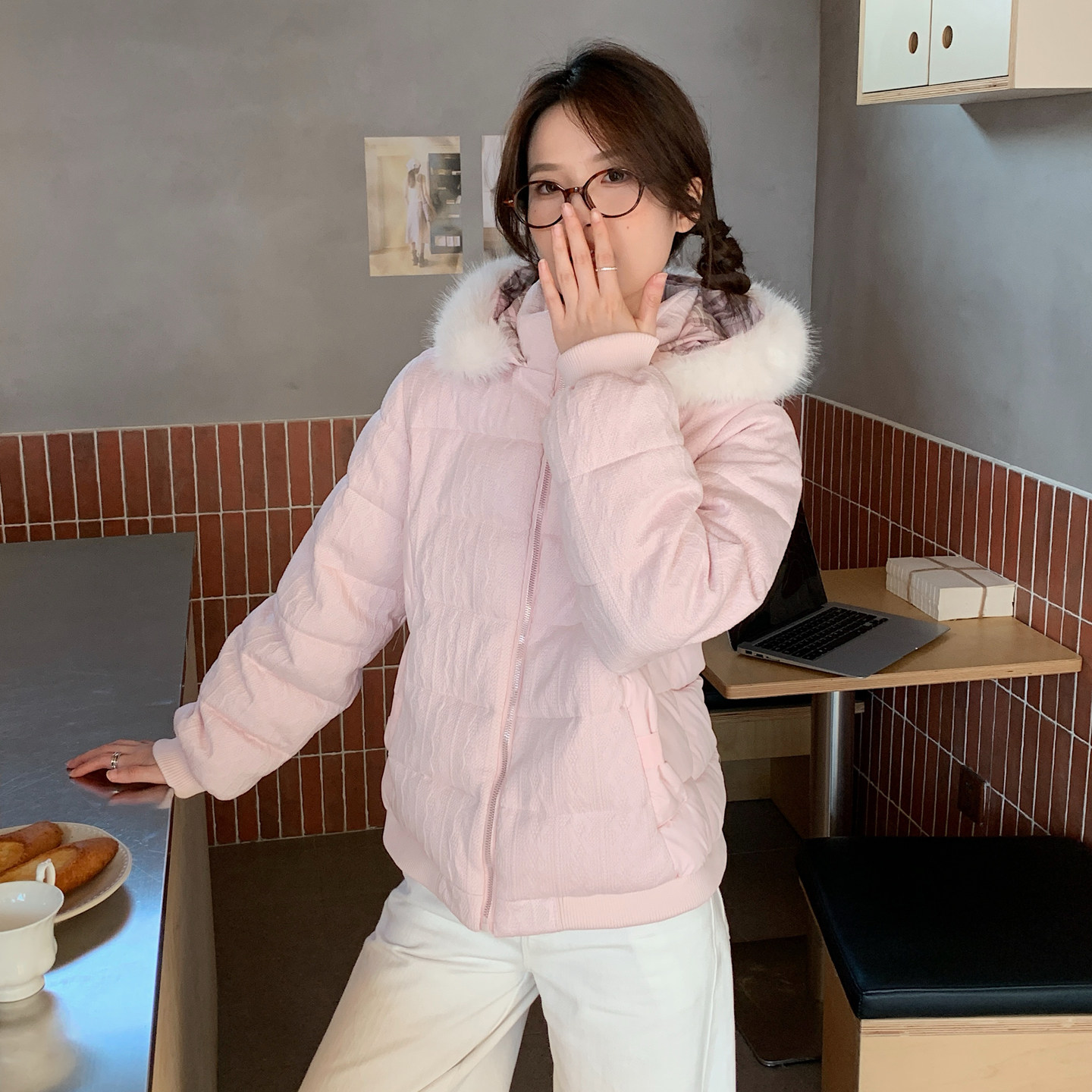 小个子冬季羽绒棉服女2026新款韩系学生短款毛领棉袄毛织拼接外套