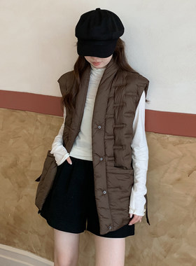 气质V领排骨羽绒棉马甲女小个子中长款修身系带无袖棉服坎肩外套