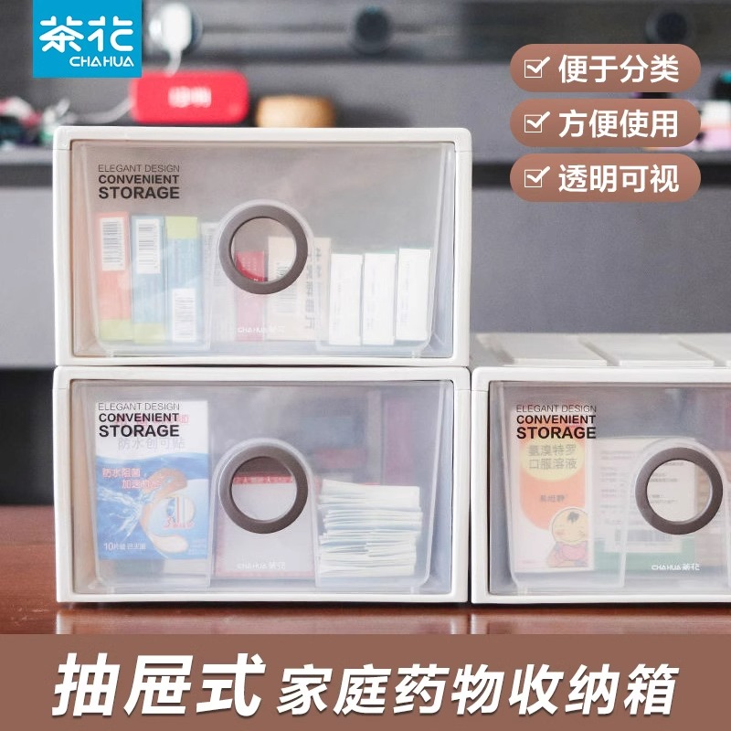 茶花药箱收纳盒家庭装大号置物架多格抽屉透明桌面多层医药品整理