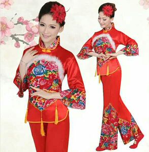 民族风成人冬季秧歌服春节喜庆长袖表演服大红色新年舞蹈演出服装