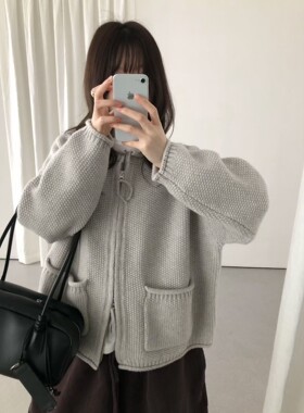2026秋季新款韩版宽松显瘦百搭连帽拉链针织开衫女毛衣外套上衣