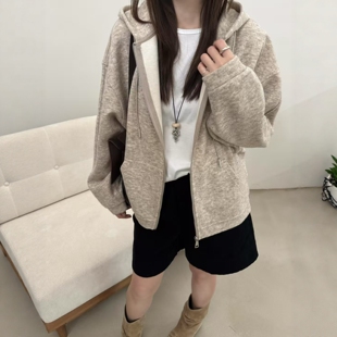 欧洲站2025秋季新品韩版宽松显瘦百搭休闲连帽拉链羊毛卫衣外套女