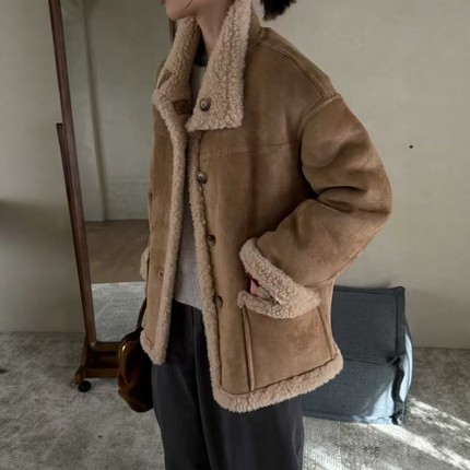 2025冬季新品韩版宽松显瘦100棉羊毛慵懒感加厚款皮毛一体外套女