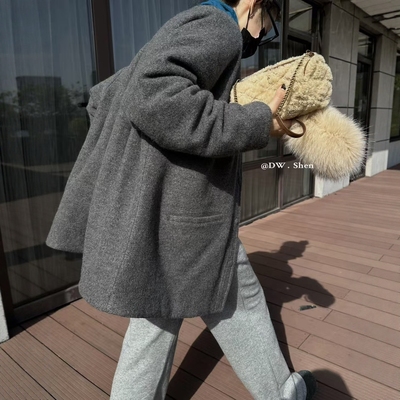 东大门2025冬季新品韩版宽松显瘦慵懒感加厚款毛呢白鹅绒外套女